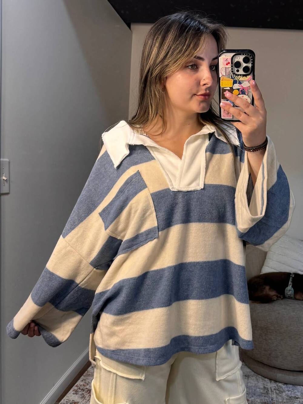 NEW BUCKETLIST sienna soft brushed striped collared top in denim/cream